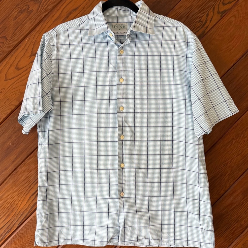 Thomas Pink Superfine Two-Fold Blue Windowpane Short Sleeve Shirt Medium